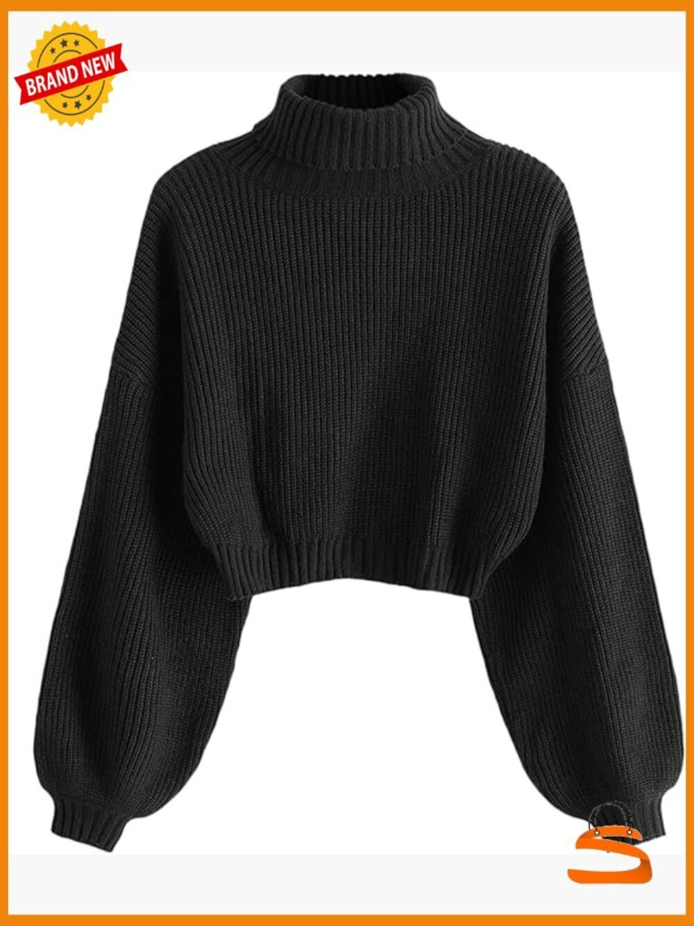 Crew Neck Long Sleeve Pullover Crop Sweater Mock Neck Lantern Sleeve Ribbed Knit